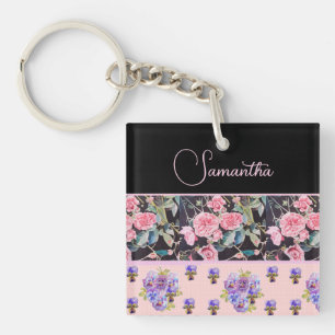 Pink Rose Roses Watercolor Vintage Customizable Key Ring