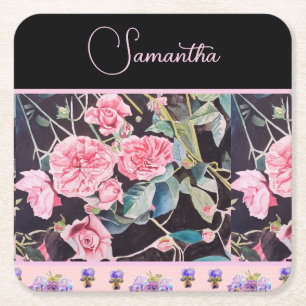 Pink Rose Roses Watercolor Vintage Customizable Square Paper Coaster