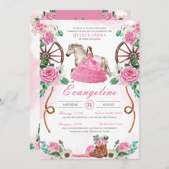 Pink Rose Rustic Floral Western Charra Quinceañera Invitation (Front/Back)