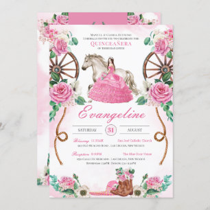 Pink Rose Rustic Floral Western Charra Quinceañera Invitation