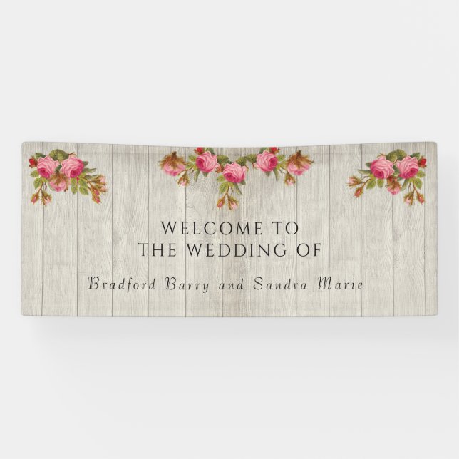  Pink Rose Rustic Wedding Grey Barn Wood  Banner (Horizontal)