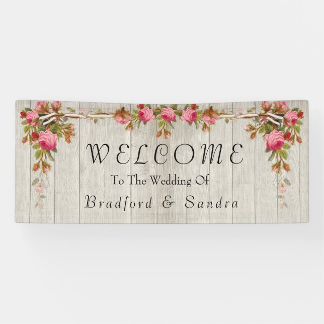  Pink Rose Rustic Wedding Grey Barn Wood  Banner (Horizontal)