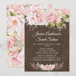 Pink Rose Rustic Wood Lights Sweet Sixteen Invitation