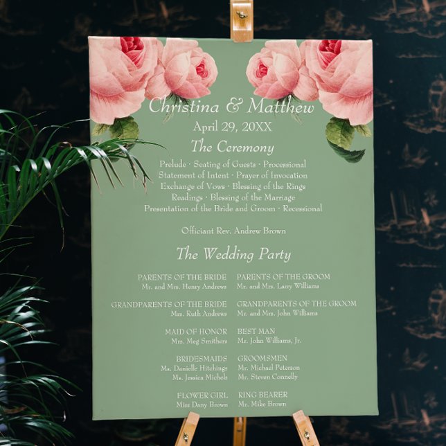 Pink Rose sage vintage Wedding Ceremony Program Poster (Creator Uploaded)