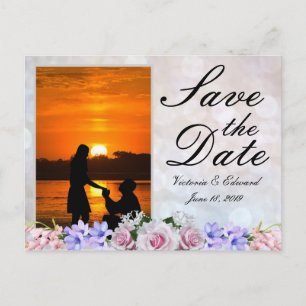 Pink Rose Silver Bokeh Save the Date Wedding Announcement Postcard
