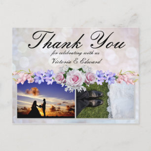 Pink Rose Silver Bokeh Thank You Wedding Postcard
