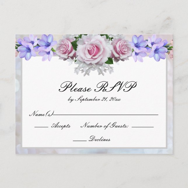 Pink Rose | Silver Bokeh Wedding Response Invitation Postcard (Front)