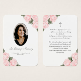 Pink Rose Silver Floral Photo Memorial Prayer Card