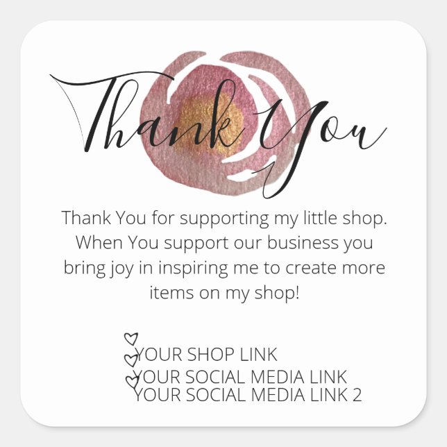 Pink Rose Small Business Thank You  Watercolor Square Sticker (Front)