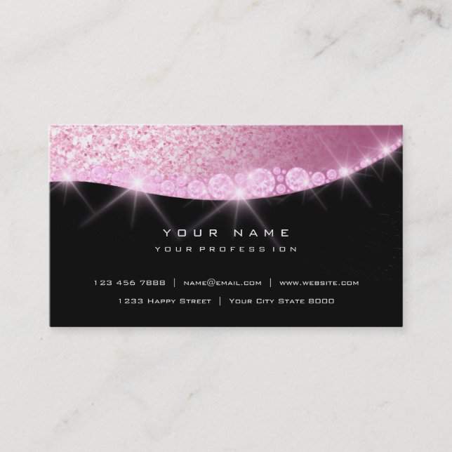 Pink Rose Sparkly Diamond Glitter Glam Black Business Card (Front)