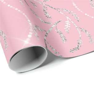 Pink Rose  Sparkly Laurel Floral Silver Diamonds Wrapping Paper
