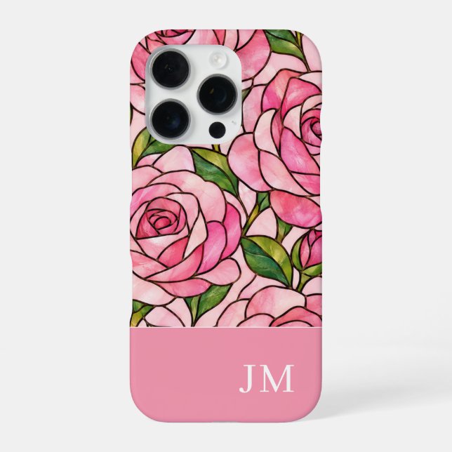 Pink Rose Stained Glass Personalised Initials iPhone Case (Back)