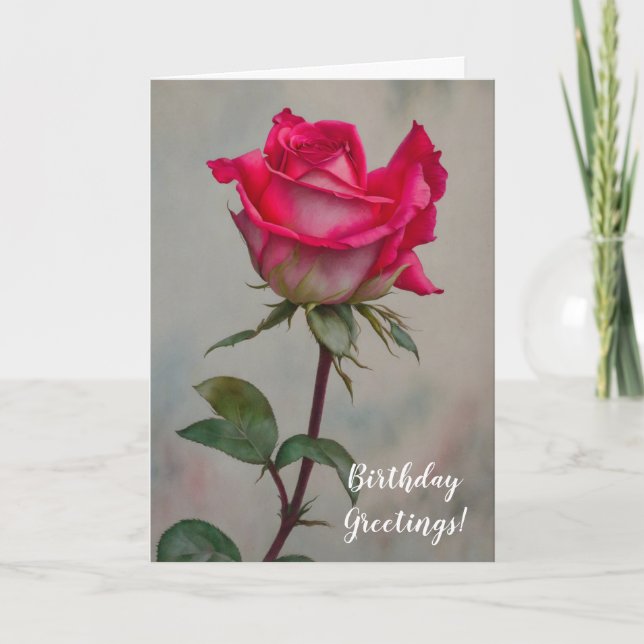 Pink Rose Stem Flower Art Birthday Card (Front)