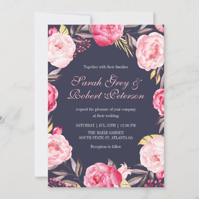Pink Rose Stripes and Floral Wedding Invitation (Front)