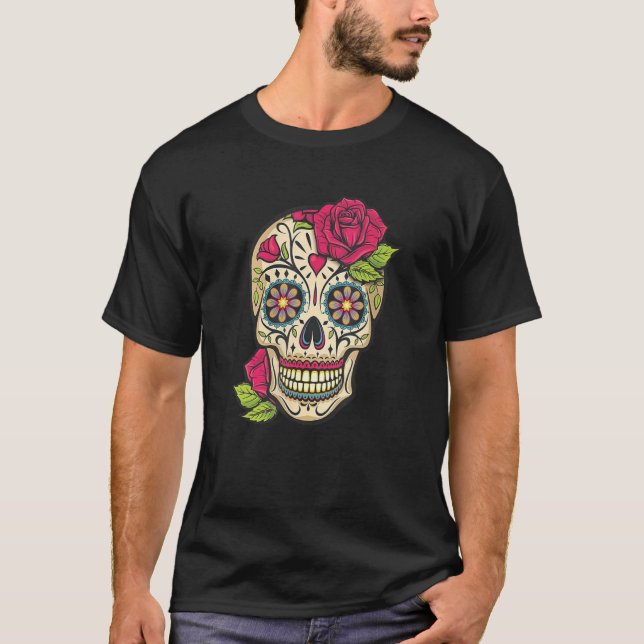 Pink Rose Sugar Skull Dia De Los Muertos Mexican H T-Shirt (Front)