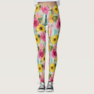 Pink Rose Sunflower Teal Summer Floral Leggings