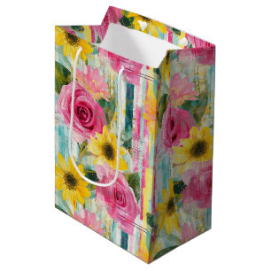 Pink Rose Sunflower Teal Summer Floral Medium Gift Bag