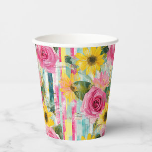Pink Rose Sunflower Teal Summer Floral Paper Cups