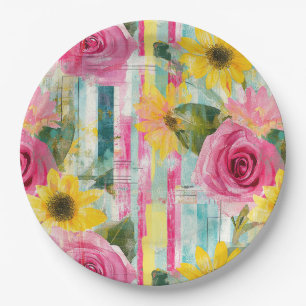 Pink Rose Sunflower Teal Summer Floral Paper Plate