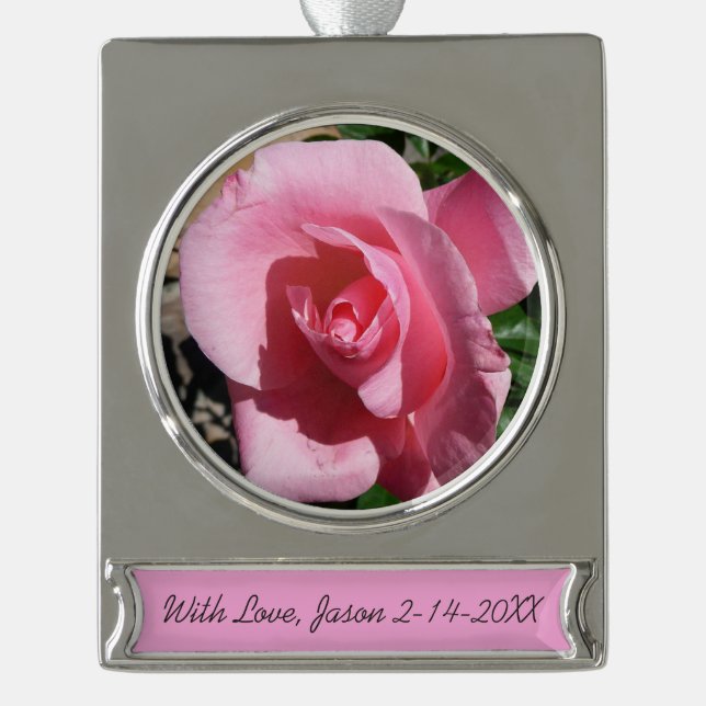 Pink Rose Sunny Garden Floral Silver Plated Banner Ornament (Front)