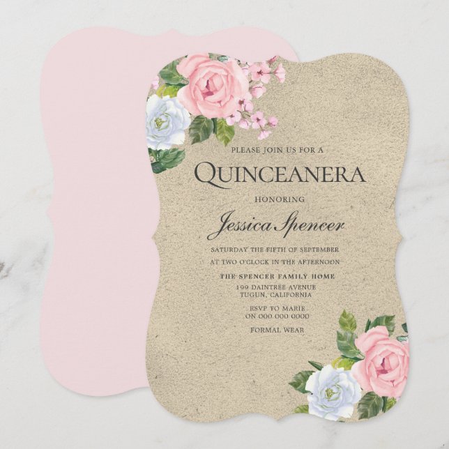 Pink Rose Sweet Floral Quinceanera Party Invite (Front/Back)
