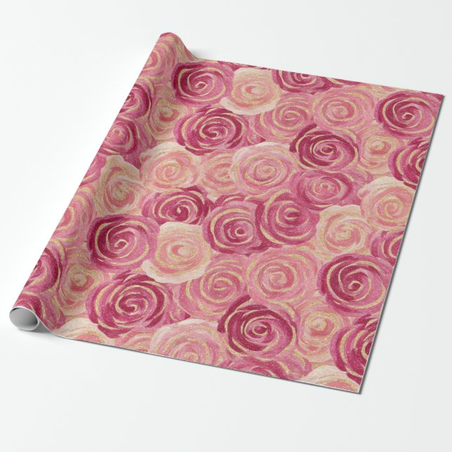 Pink Rose Swirl Glitter Seamless Pattern Wrapping Paper (Unrolled)