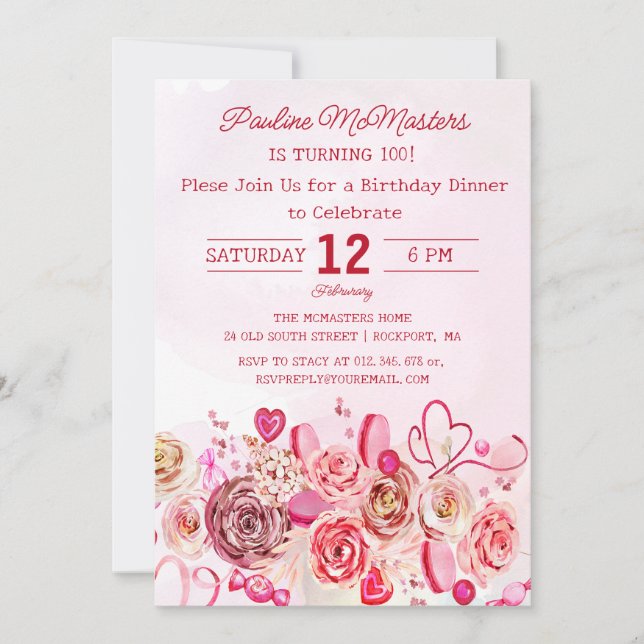Pink Rose Swirly Heart 100th Birthday Dinner Invitation (Front)
