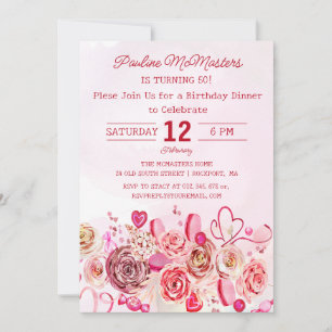 Pink Rose Swirly Heart 50th Birthday Dinner Invitation
