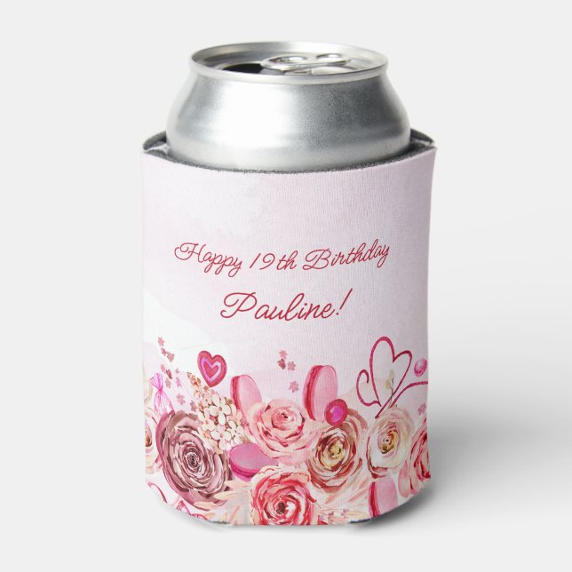 Pink Rose Swirly Heart Valentine's 19th Birthday  Can Cooler (Can Front)