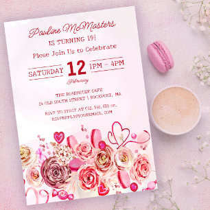 Pink Rose Swirly Heart Valentine's 19th Birthday Invitation