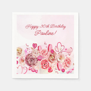 Pink Rose Swirly Heart Valentine's 30th Birthday  Napkin