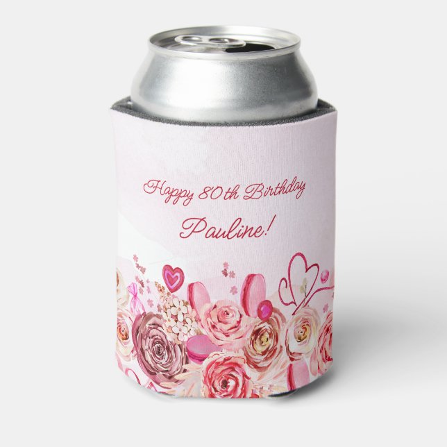Pink Rose Swirly Heart Valentine's 80th Birthday  Can Cooler (Can Back)