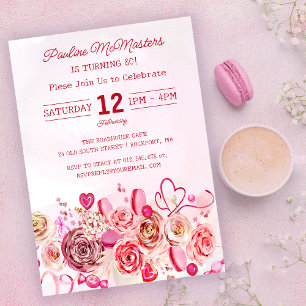 Pink Rose Swirly Heart Valentine's 80th Birthday Invitation