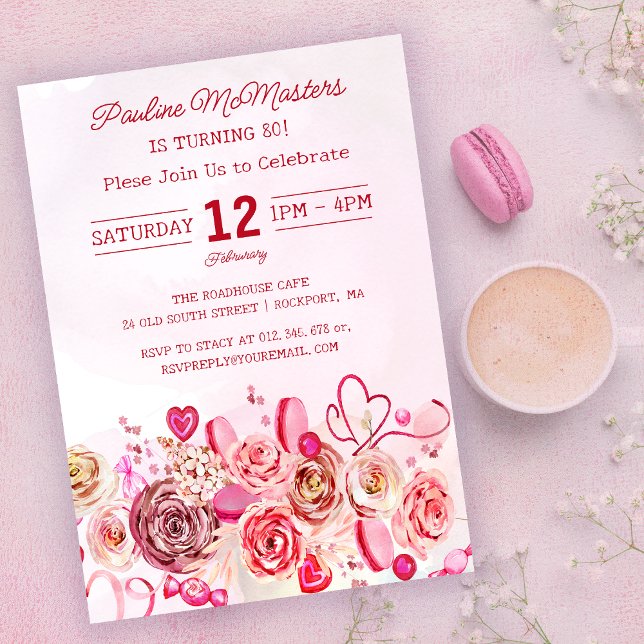 Pink Rose Swirly Heart Valentine's 80th Birthday Invitation (Creator Uploaded)