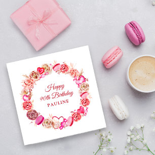 Pink Rose Swirly Heart Valentine's 90th Birthday Napkin