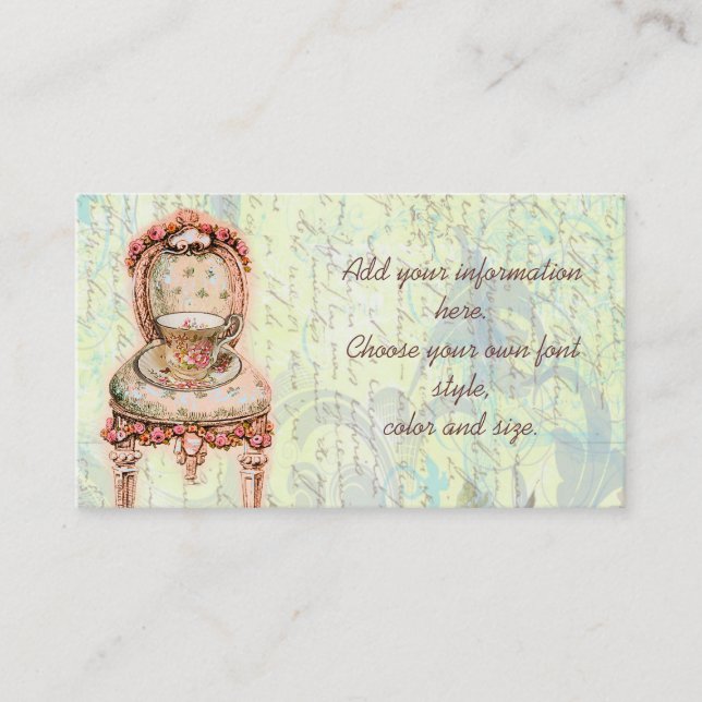 Pink Rose Teacup and Victorian Chair Business Card (Front)