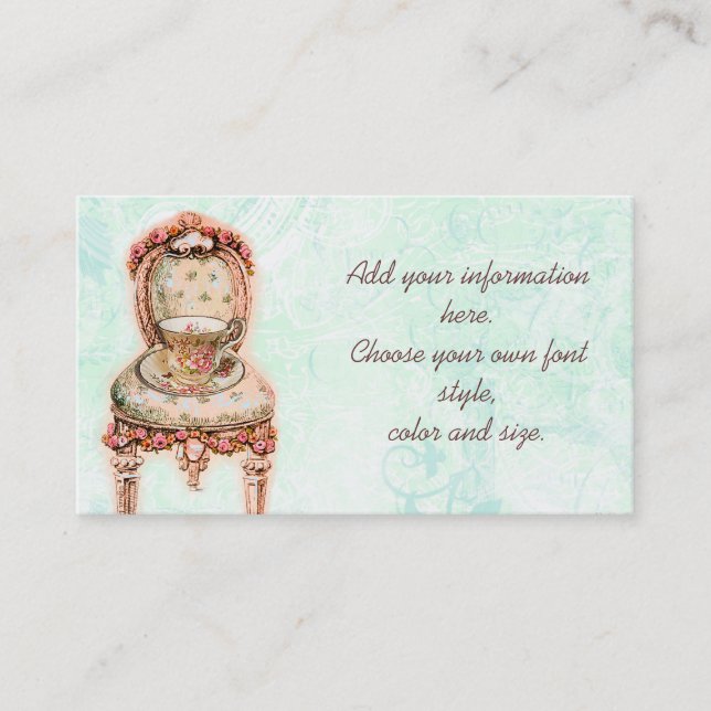 Pink Rose Teacup and Victorian Chair Business Card (Front)