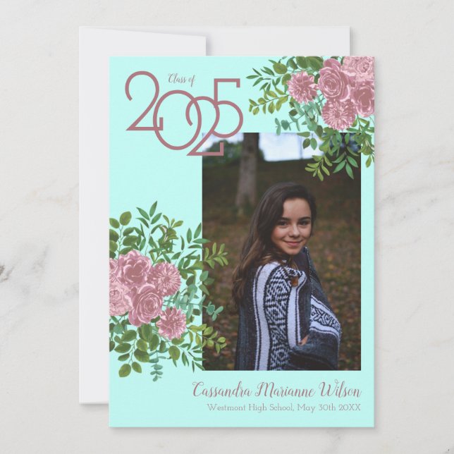 Pink Rose Teal Aqua Photo Graduation Announcement (Front)