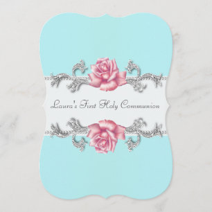 Pink Rose Teal Girls Teal First Communion Invitation