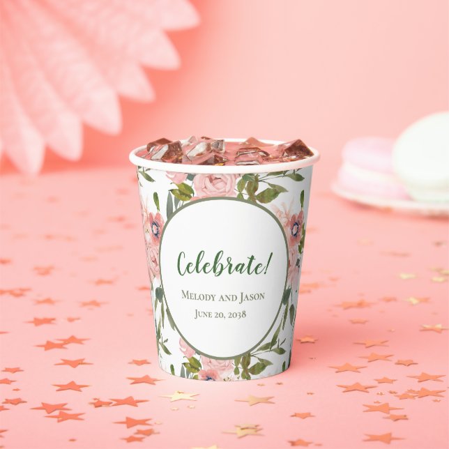 Pink Rose Themed Birthday Wedding Paper Cups (Insitu)