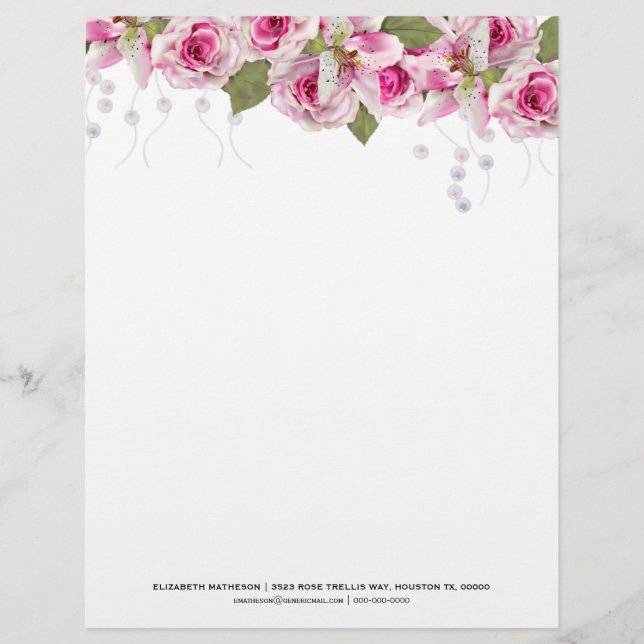 Pink Rose Tiger Lily Custom Letterhead (Front)