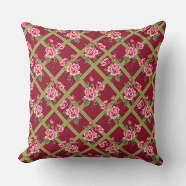 Pink Rose Trellis, Burgundy Throw Pillow 20" x 20" (Front)