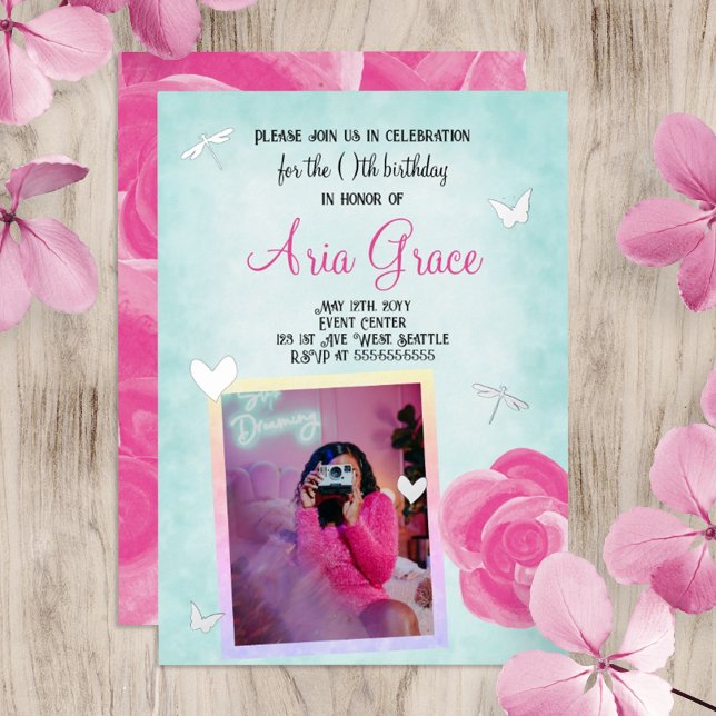 Pink Rose, Turquoise, Silver Charms Birthday Party (hot pink magenta rose, light turquoise, silver foil hearts dragonflies butterflies photo invite)