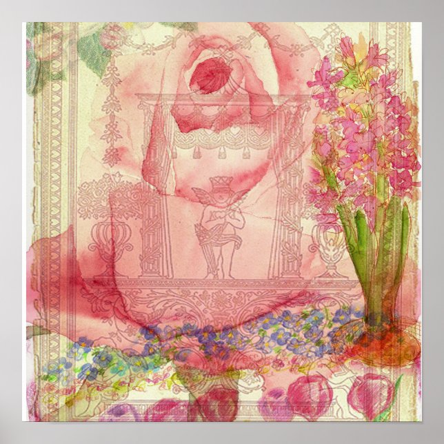 Pink Rose Victorian Watercolor FlowersCollage Poster (Front)