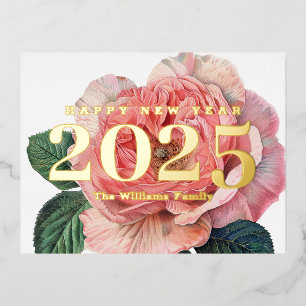 Pink Rose Vintage Flower Happy New Year 2025 Gold Foil Holiday Postcard