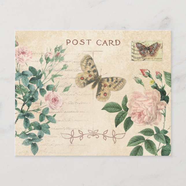 Pink Rose  Vintage Post Card Scrapbook Paper (Front)