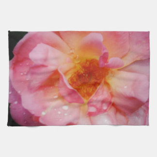 Pink Rose w/ Dew Drops Black Background Tea Towel