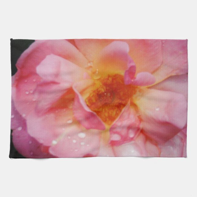 Pink Rose w/ Dew Drops Black Background Tea Towel (Horizontal)