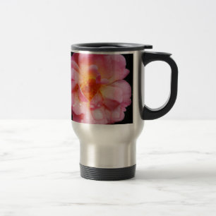 Pink Rose w/ Dew Drops Black Background Travel Mug