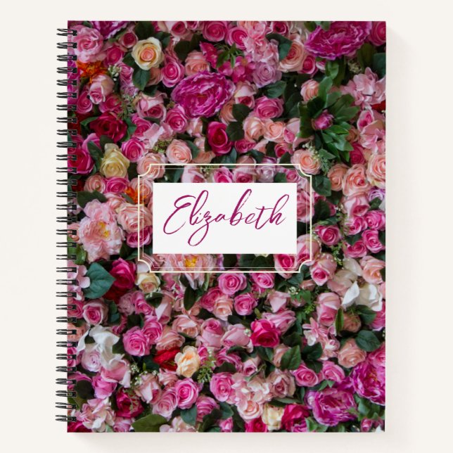 Pink Rose Wall Personalised Name Notebook (Front)
